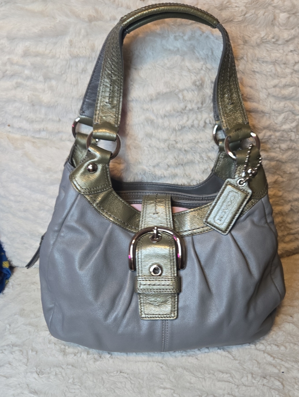 Coach Metallic Green & Gray Leather Shoulder Bag EUC